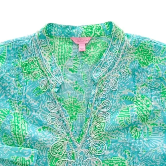 Lilly Pulitzer Tunic Beaded Sarasota Bundle in Jungle Large Cotton Green Teal - Picture 2 of 7